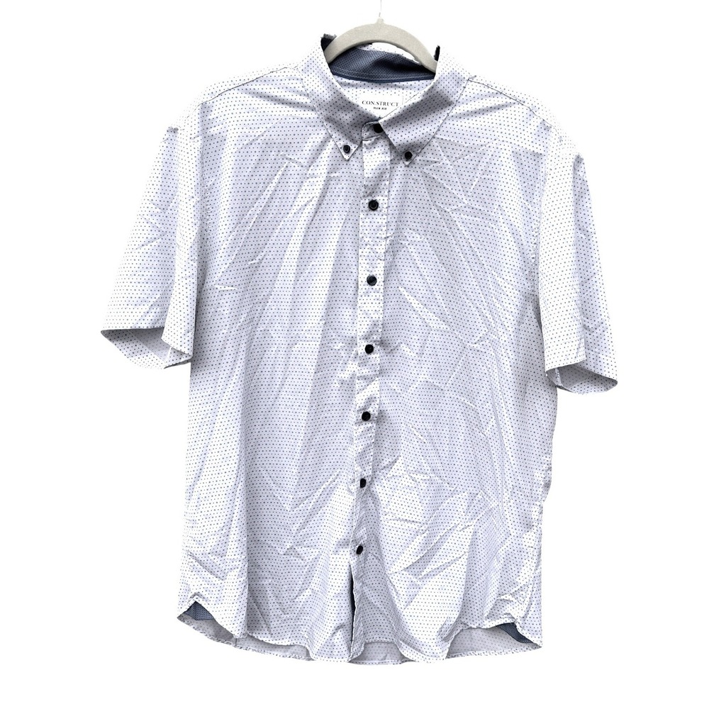 CONSTRUCT Slim Fit White Short Sleeve Button Up Shirt XL Blue Dot Lightweight